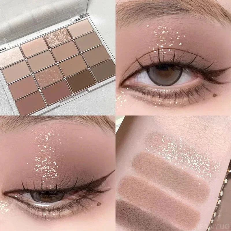 Paleta de Sombra de Ojos de 16 Colores – Purpurina Mate Nacarado Rosa de Baja Saturación, Maquillaje de Ojos de Larga Duración