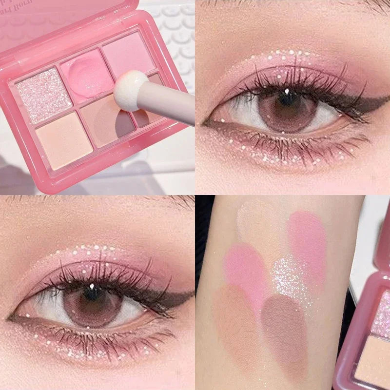 Paleta de Sombra de Ojos con Purpurina Transparente Rosa – 4 Colores: Mate, Naranja, Marrón Brillante, Cosmética Duradera para Niñas