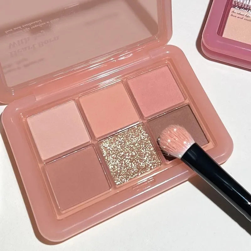 Paleta de Sombra de Ojos con Purpurina Transparente Rosa – 4 Colores: Mate, Naranja, Marrón Brillante, Cosmética Duradera para Niñas