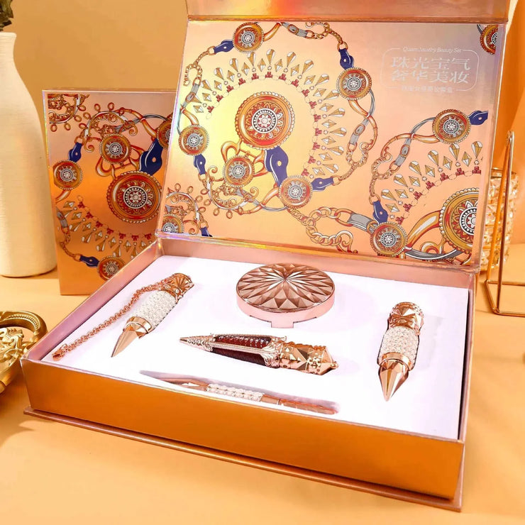 Queen'S Scepter Color Makeup Set with lip glaze, BB cream, and eyeliner in decorative gold and pearl packaging