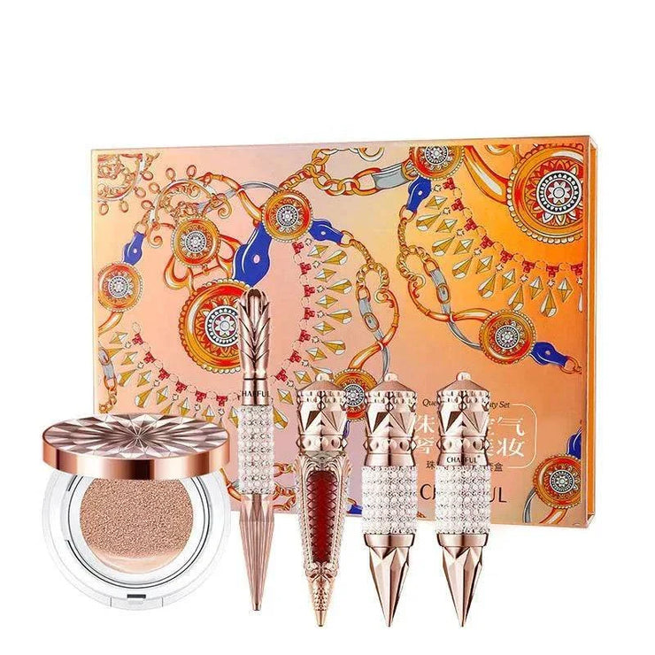 Queen'S Scepter Color Makeup Set with red lip glaze, air cushion BB cream, and black eyeliner pen in decorative packaging
