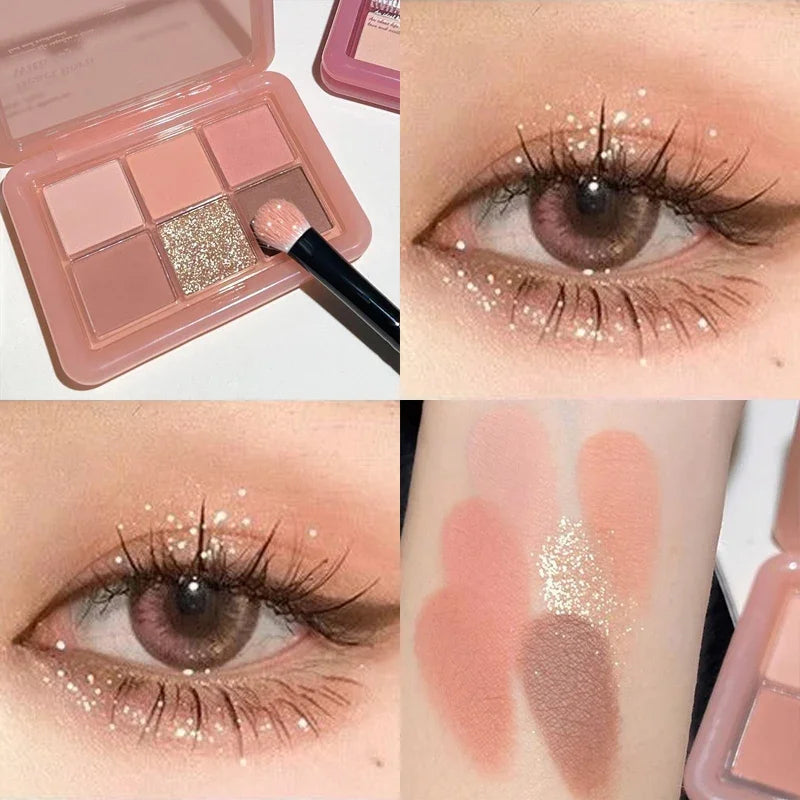 Paleta de Sombra de Ojos con Purpurina Transparente Rosa – 4 Colores: Mate, Naranja, Marrón Brillante, Cosmética Duradera para Niñas