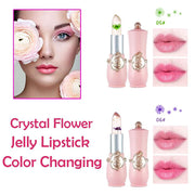 2-pack color changing crystal flower jelly lipstick with moisturizing tint gloss in green and purple flower designs