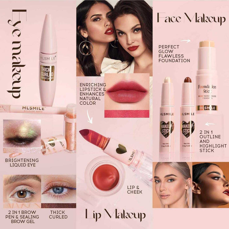 Makeup gift set for teens and women with lipstick, contour, highlighter, eyeshadow, eyebrow pencil, foundation, mascara, and makeup bag