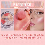 4-Color Rose Blush palette showing four shades, swatch on hand, and radiant cheek makeup look