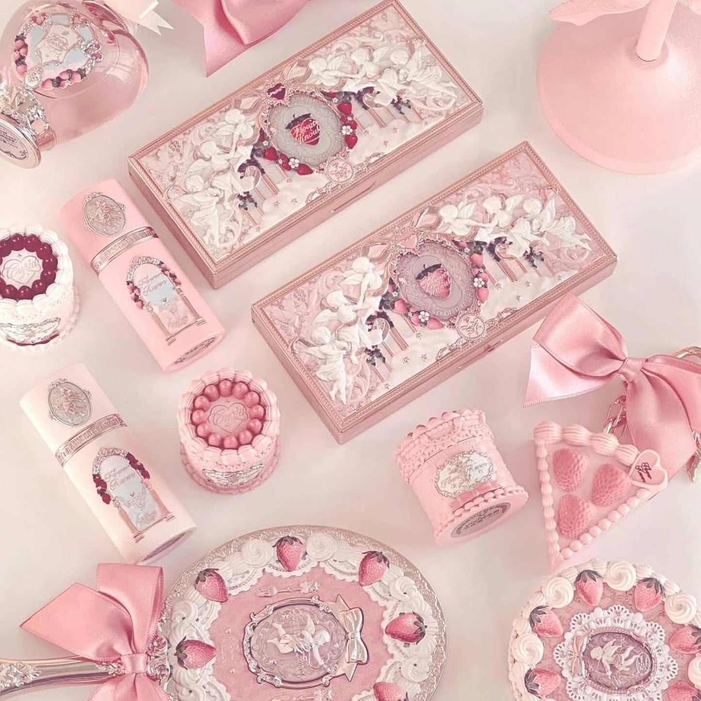 Cake Charm Set,Strawberry Cupid 12-Piece Makeup Gift Box Set,Lip Cream+Liquid Blush+Makeup Palette+Hand Mirror+Solid Perfume+Hair Clip+Cushion Powder Puff+Eyeshadow Brush+Gift Box