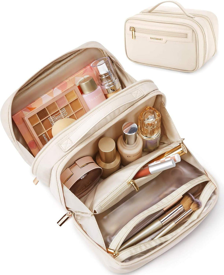 Travel Makeup Bag, Make up Bag with Multiple Compartments for Organizer, Durable & Compact Cosmetic Organizer for Women for Travel Accessories (Beige)