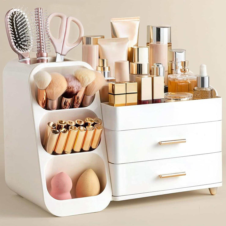 Makeup Organizer with Brush Holder for Vanity, Large Plastic Bathroom Countertop Organizer Skin Care Storage, Easy to Store Lipsticks, Nail Polishes, Perfumes, Eyeshadow Palettes, All White