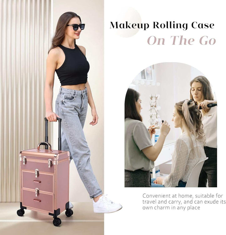 Matte gold professional rolling makeup case with drawers and locks for travel and cosmetics storage