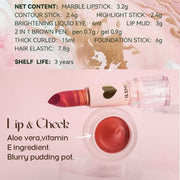 Makeup gift set with lipstick, contour, highlighter, eyeshadow, lip mud, eyebrow pencil, foundation, mascara, and hair tie in a portable makeup bag for teens and women