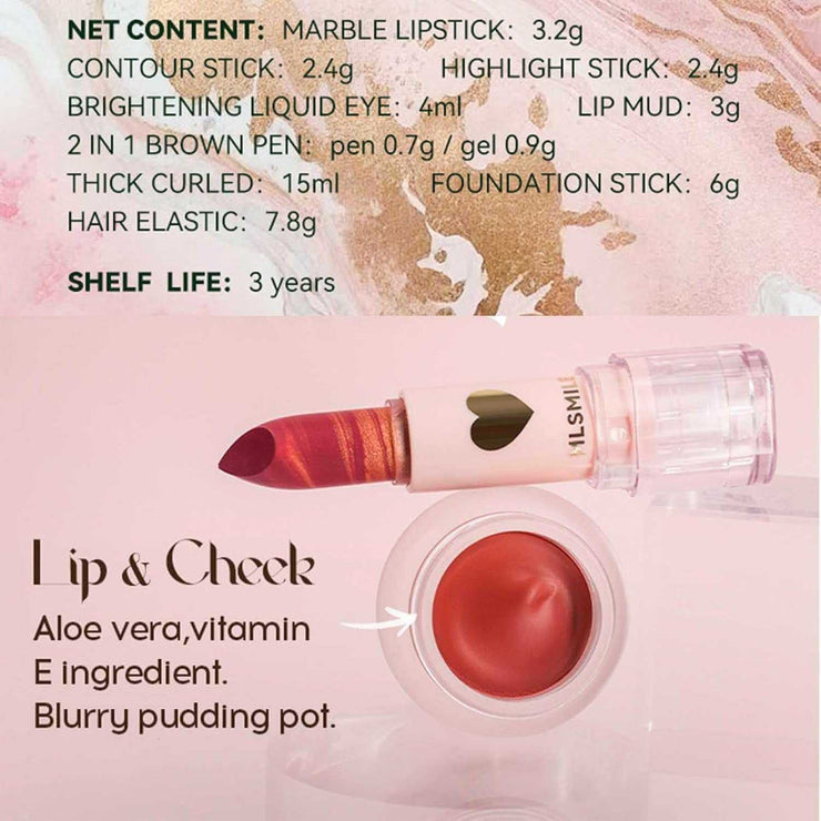 Makeup gift set with lipstick, contour, highlighter, eyeshadow, lip mud, eyebrow pencil, foundation, mascara, and hair tie in a portable makeup bag for teens and women