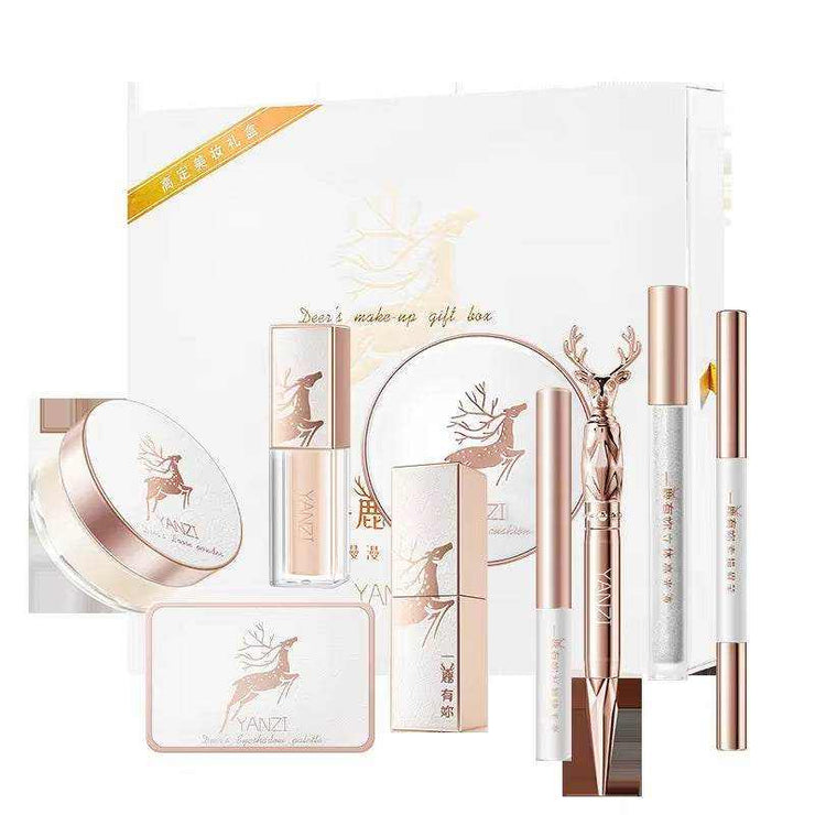 9-piece makeup set with powder, foundation, concealer, eyeliner in elegant deer-themed Christmas gift box