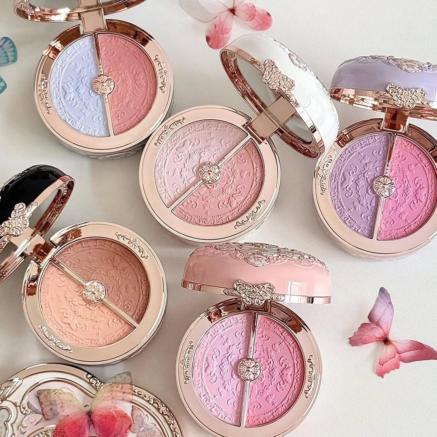 Butterfly Cloud Collar Rouge Box Blush & Contour Duo Powder,Brown+Nude Two Tone Matte Blush for Cheeks Bulidable & Blendable Palette,0.21 Oz(05 Pearwood)