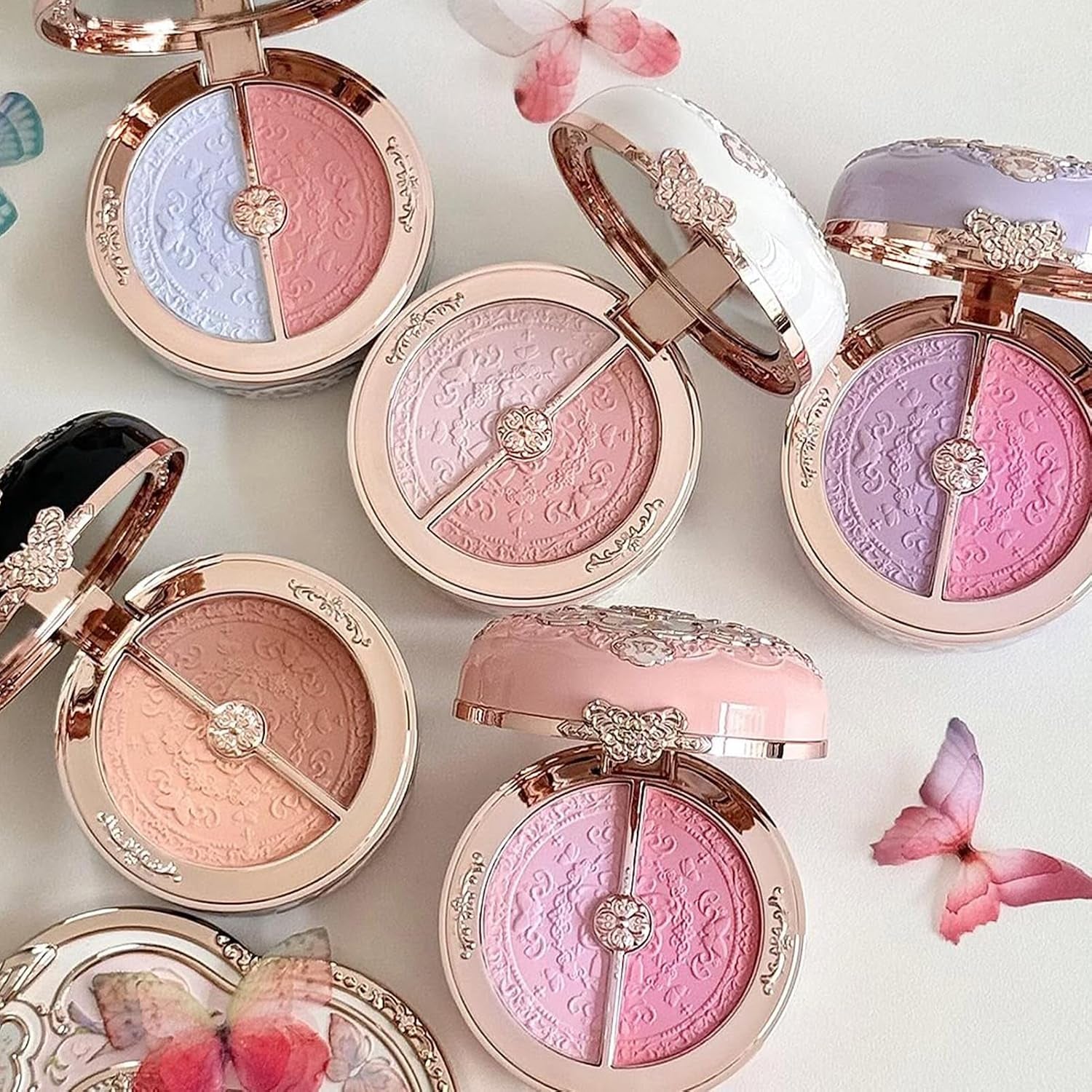 Butterfly Cloud Collar Rouge Box Blush & Contour Duo Powder,Brown+Nude Two Tone Matte Blush for Cheeks Bulidable & Blendable Palette,0.21 Oz(05 Pearwood)