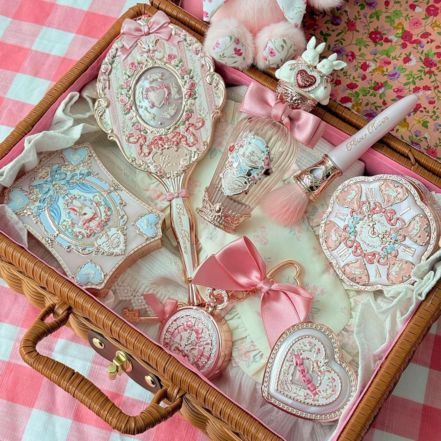 Bunny Garden Chromatic Harmony Gift Set, Sweet Berry Bunny Theme, Collectible Pink 9-Piece Beauty Box with Lip Cream, Blush, Eyeshadow, Gel Eyeliner, Mirror & Tools