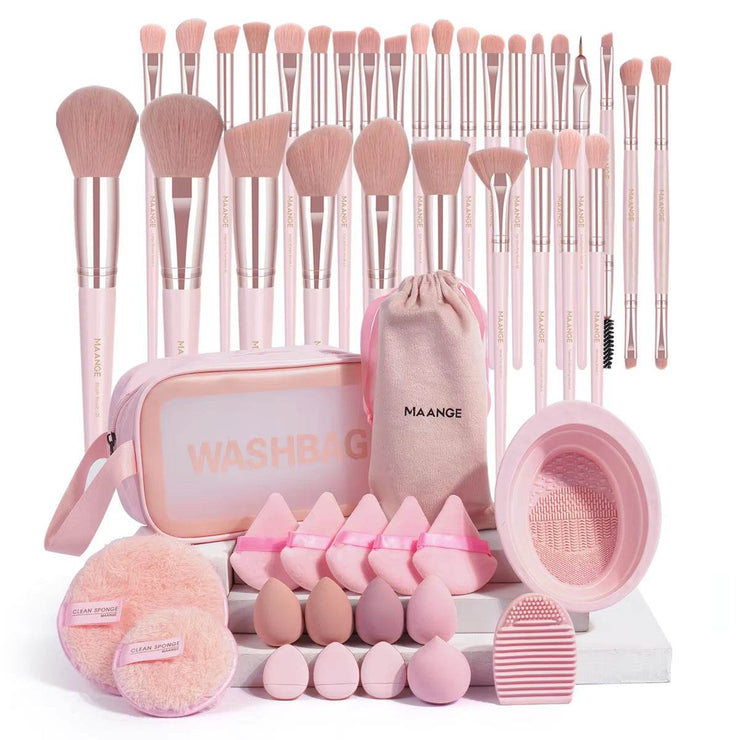 Professional makeup tools kit with 30 pink brushes, makeup sponges, cleaning bowl, and pouch for travel.