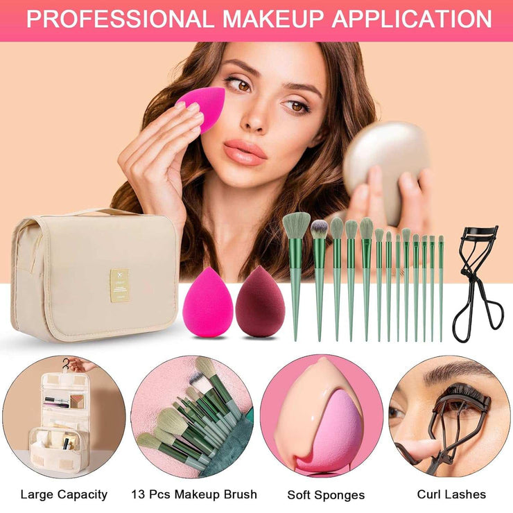 All-in-One Makeup Kit with brushes, sponges, eyelash curler, and cosmetic bag for professional and travel use