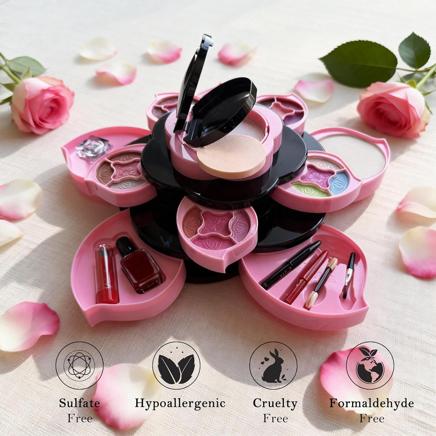 Flower Makeup Kit for Girls - Complete All-In-One Makeup Kit for Teens and Women with 3 Tier Flower Case, 16 Eyeshadows, Lipstick, Blush, Glitter Gift Set - Full Starter Kit for Beginners