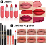 Makeup set for teens and adults featuring lipsticks, lip glosses, and lip liners in various shades with application samples