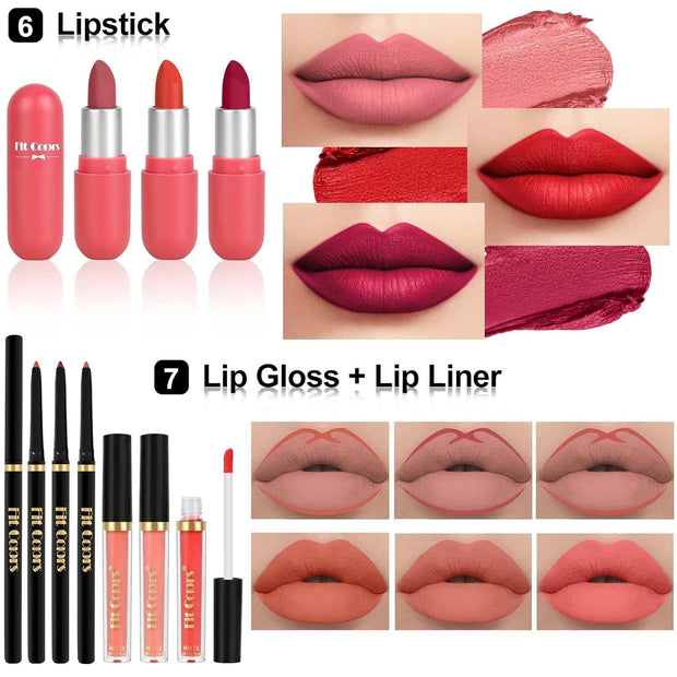 Makeup set for teens and adults featuring lipsticks, lip glosses, and lip liners in various shades with application samples