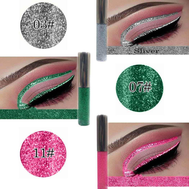 Glitter liquid eyeliner in pink, green, and silver metallic shimmer for eye makeup and cosplay
