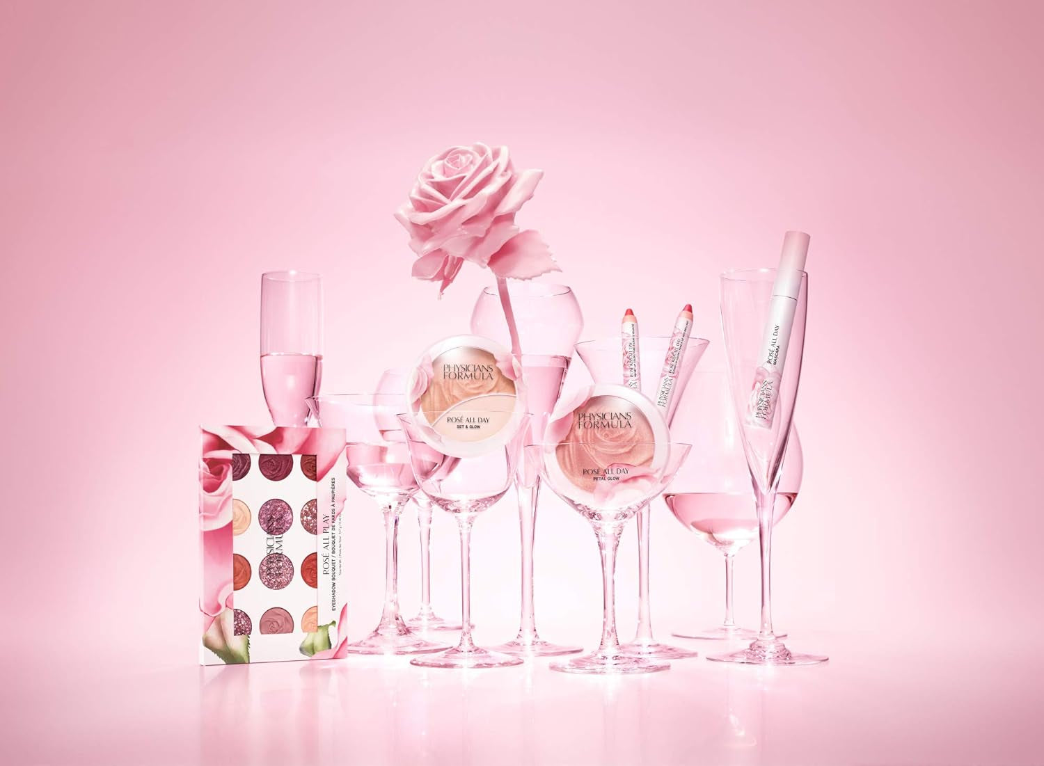 Rosé All Day Set & Glow Highlighter Face Makeup Powder Sunlit Glow, Dermatologist Approved
