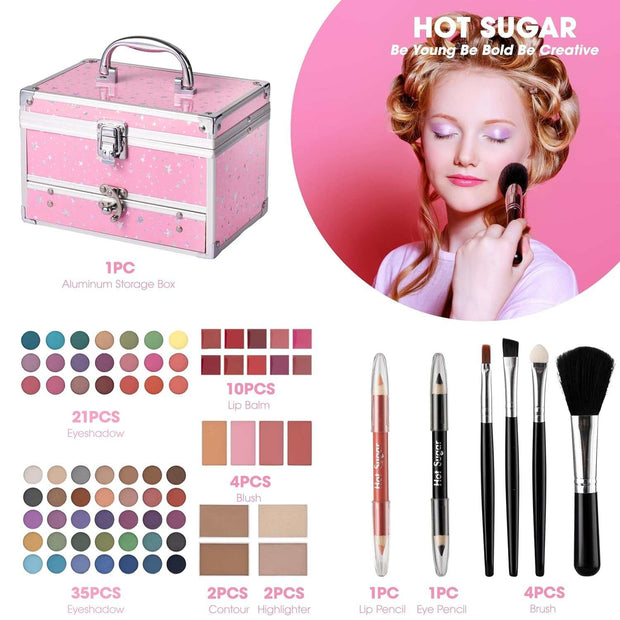 Portable pink makeup kit for teens with 56 eyeshadows, lip gloss, blush, highlighter, contour, pencils, brushes, and storage train case