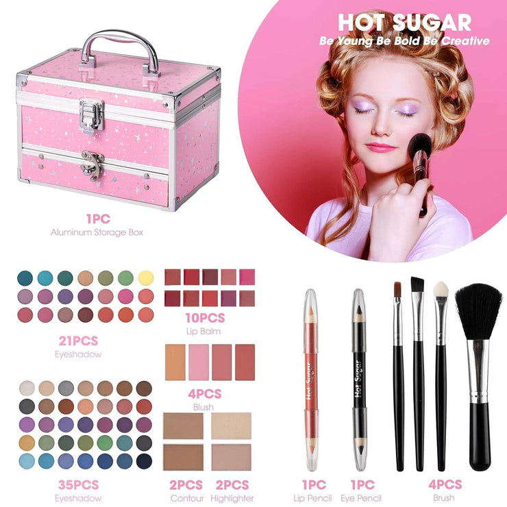 Portable pink makeup kit for teens with 56 eyeshadows, lip gloss, blush, highlighter, contour, pencils, brushes, and storage train case