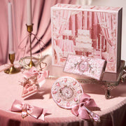 Strawberry Cupid Makeup set with pink-themed packaging, decorative mirror, and beauty accessories on a pink velvet surface
