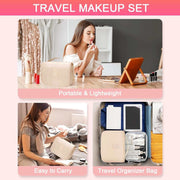 Portable all-in-one makeup kit for women and teens with foundation, eyeshadow, lipstick, eyeliner, and brushes in travel organizer bag