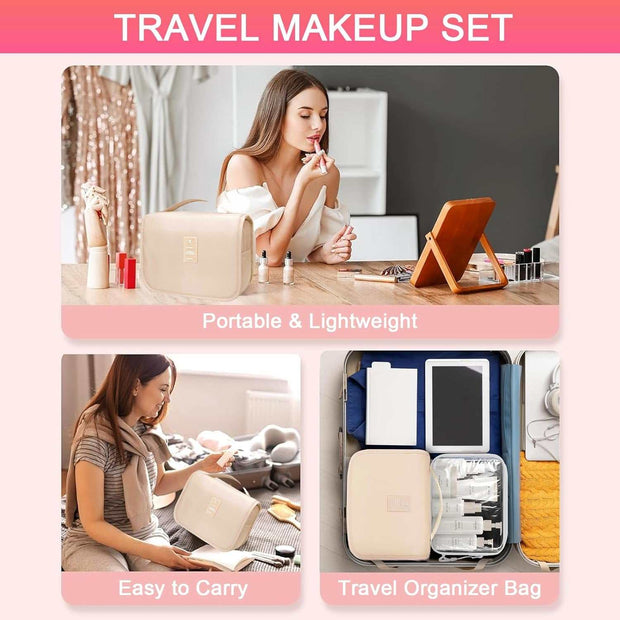 Portable all-in-one makeup kit for women and teens with foundation, eyeshadow, lipstick, eyeliner, and brushes in travel organizer bag