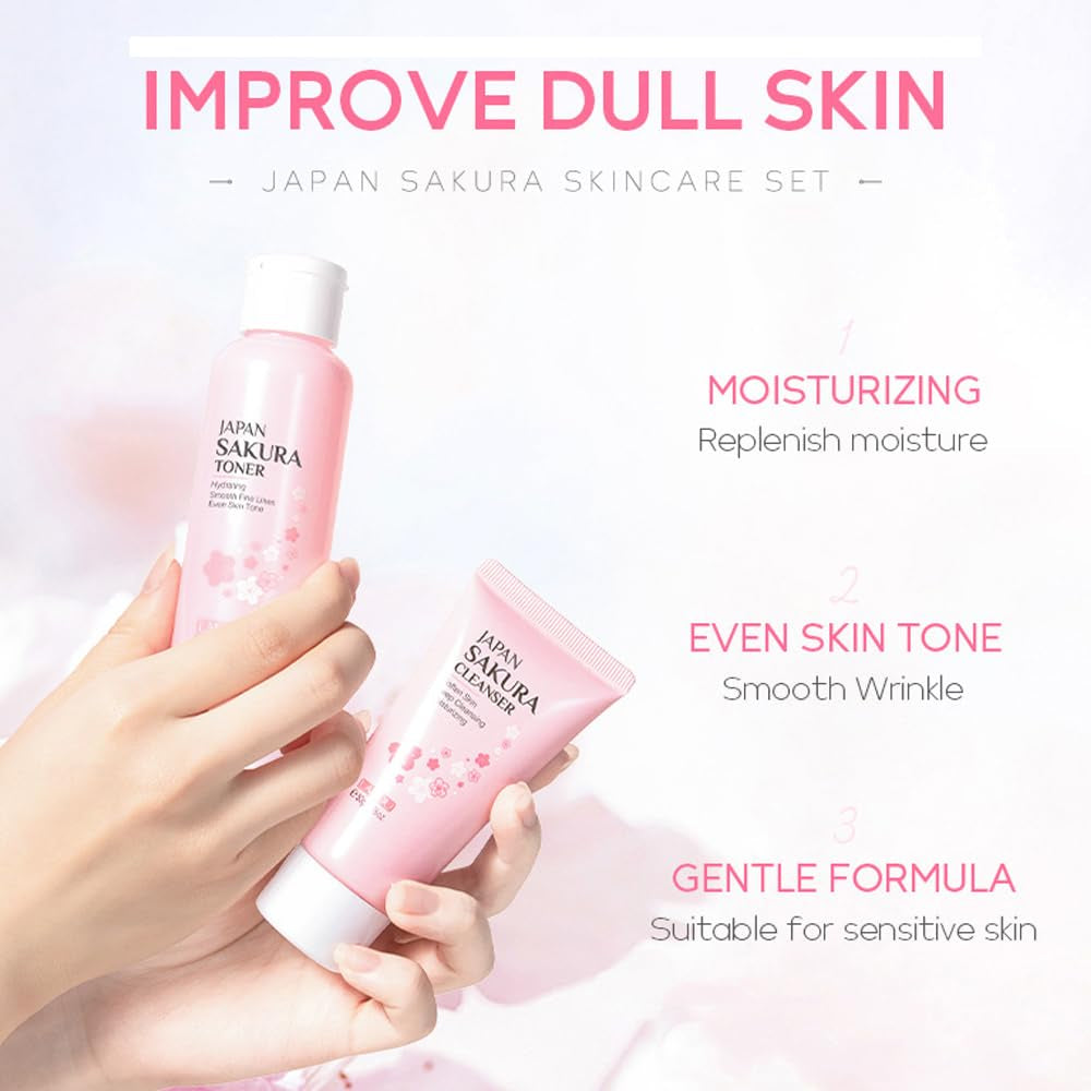 Sakura Skincare Kit for Teenage Girls Women, 5Pcs Skin Care Travel Present Set with Cleanser, Toner, Serum, Eye Cream, Face Cream