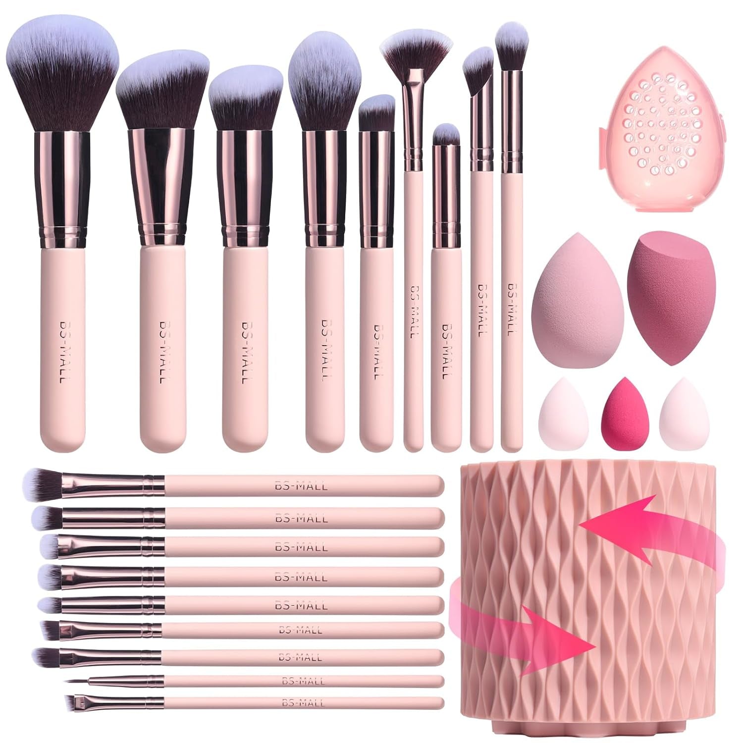 Makeup Brushes Premium Synthetic Foundation Powder Concealers Eye Shadows 18 Pcs Brush Set with 5 Sponge & Holder Sponge Case (A-Pink)