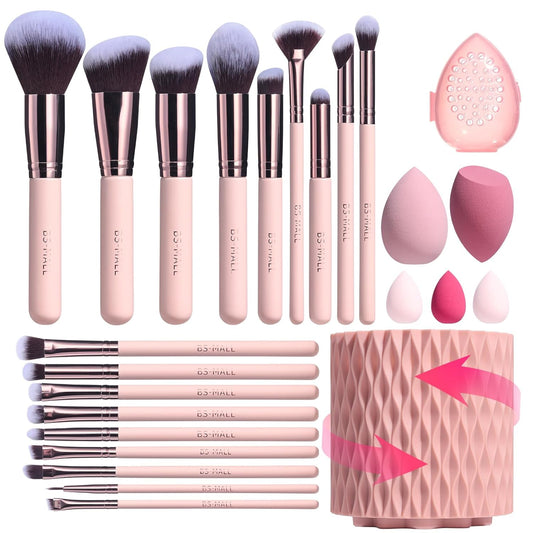 Makeup Brushes Premium Synthetic Foundation Powder Concealers Eye Shadows 18 Pcs Brush Set with 5 Sponge & Holder Sponge Case (A-Pink)