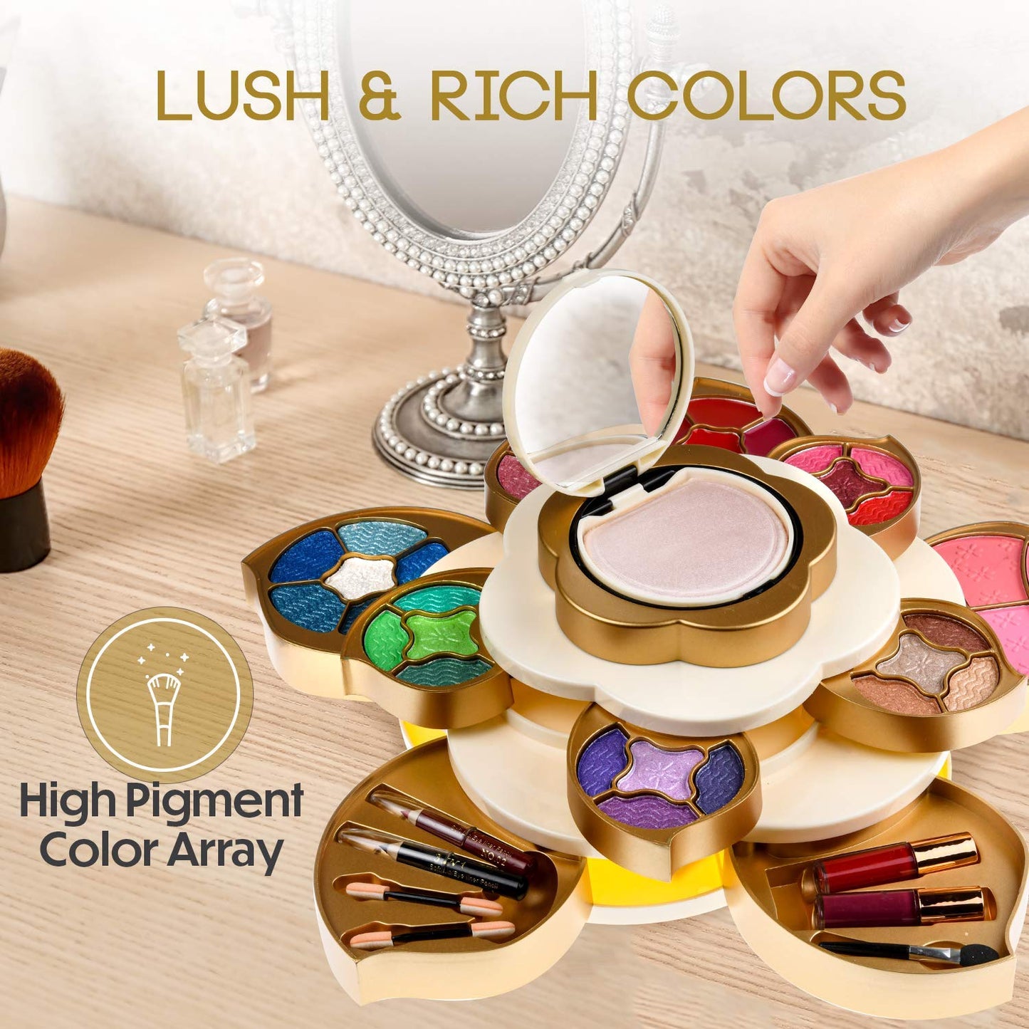 All in One Makeup Kit for Teens and Women - Flower Makeup Set for Girls 10-12 - Pigmented Eyeshadows, Lip Creams, Blushes, Concealer and Mirror - Full Starter Makeup Gift Set for Beginners