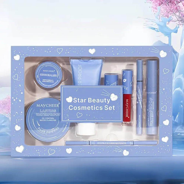 Makeup Kit for Women complete set with eyeshadows, lipstick, concealer, eyebrow pencil, and face essentials in a blue star-themed case