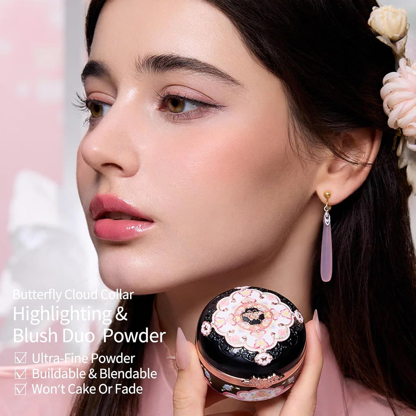 Butterfly Cloud Collar Rouge Box Blush & Contour Duo Powder,Brown+Nude Two Tone Matte Blush for Cheeks Bulidable & Blendable Palette,0.21 Oz(05 Pearwood)