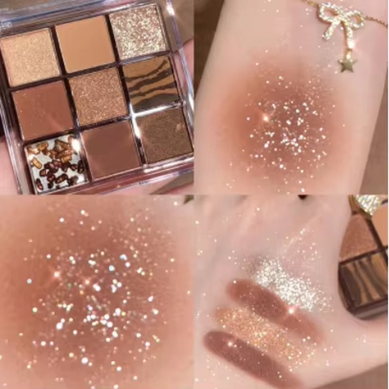 Paleta de Sombra de Ojos de 9 Colores – Maquillaje Brillante Desnudo, Acabado Nacarado, Lentejuelas, Cosméticos de Ojos Impermeables y Portátiles