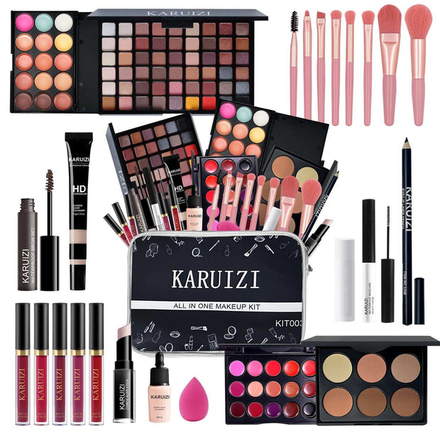 beginner makeup kit for girls and women with eyeshadows lip glosses brushes and portable carry bag