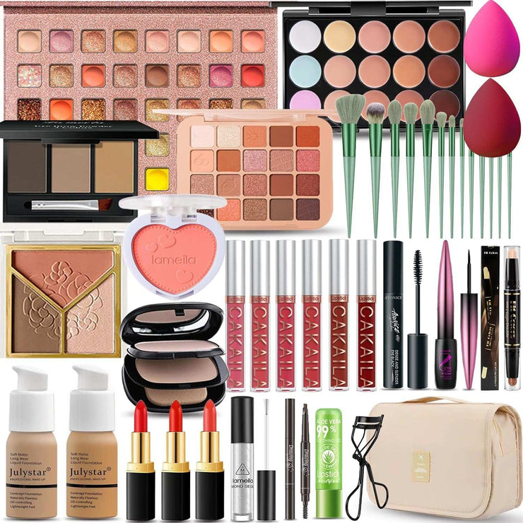 All-in-One Makeup Kit with eyeshadow palettes, foundation, lipsticks, contour powders, brushes, and cosmetic bag for women and teens