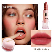 Makeup gift set featuring marble lipstick and lip mud with model showcasing lip makeup