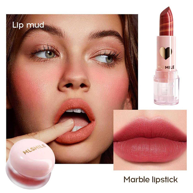 Makeup gift set featuring marble lipstick and lip mud with model showcasing lip makeup
