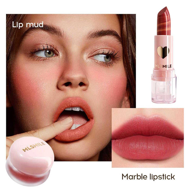 Makeup gift set featuring marble lipstick and lip mud with model showcasing lip makeup