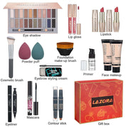 Makeup kit for teens with 20-color eyeshadow palette, lip gloss, lipstick, eyeliner stamp, brushes, and gift box