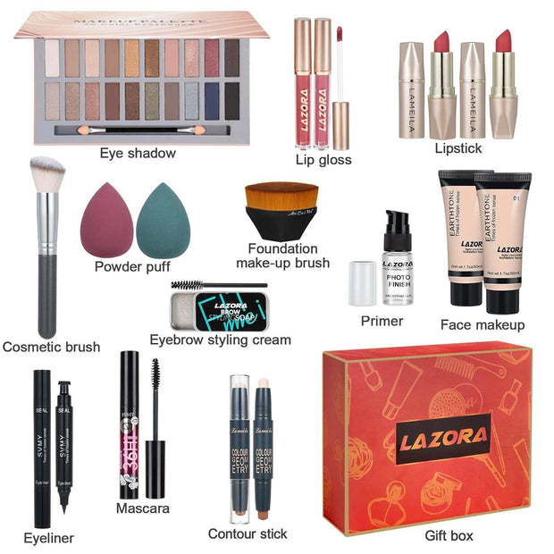 Makeup kit for teens with 20-color eyeshadow palette, lip gloss, lipstick, eyeliner stamp, brushes, and gift box