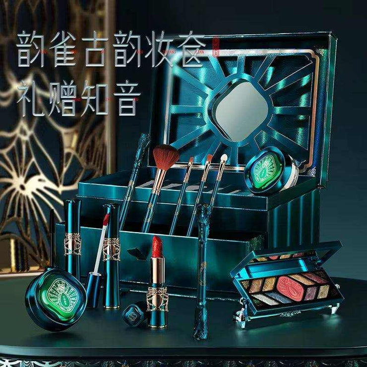 luxury 12-piece makeup gift set with brushes, eyeshadow palette, lipstick, BB cushion, and storage box