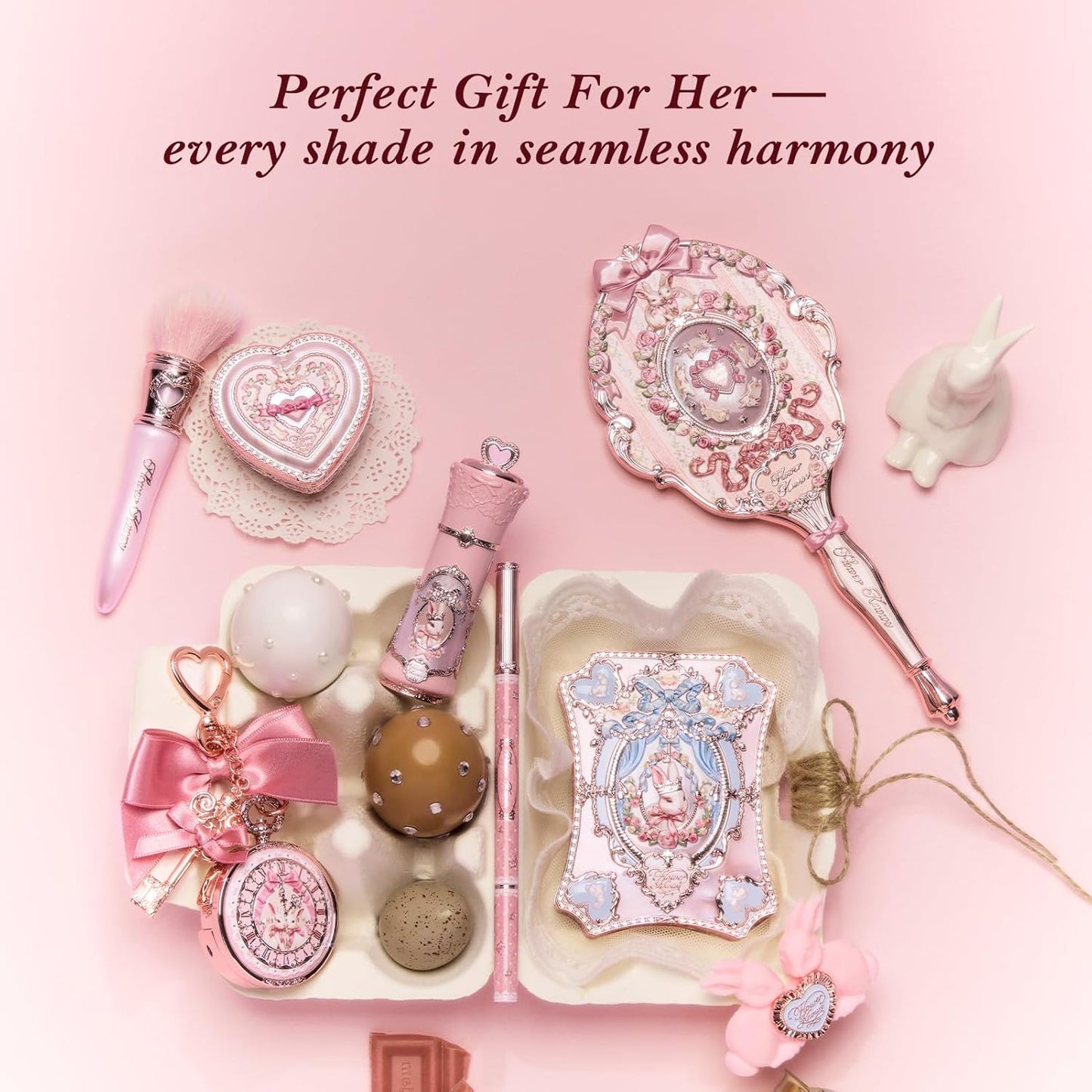 Bunny Garden Chromatic Harmony Gift Set, Sweet Berry Bunny Theme, Collectible Pink 9-Piece Beauty Box with Lip Cream, Blush, Eyeshadow, Gel Eyeliner, Mirror & Tools