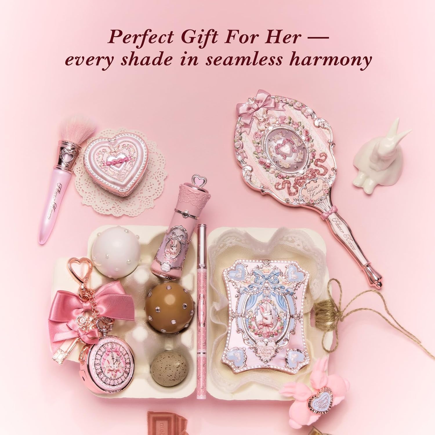 Bunny Garden Chromatic Harmony Gift Set, Sweet Berry Bunny Theme, Collectible Pink 9-Piece Beauty Box with Lip Cream, Blush, Eyeshadow, Gel Eyeliner, Mirror & Tools