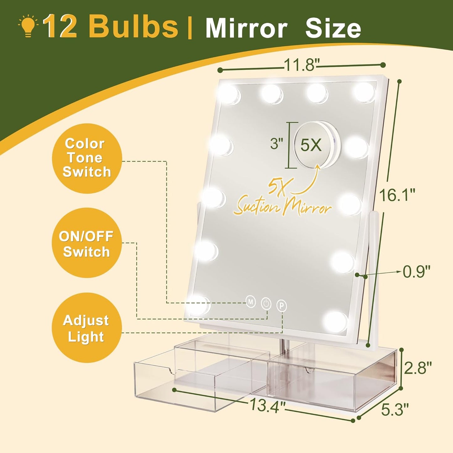 Makeup Vanity Mirror with Lights, Hollywood Makeup Mirror with Dimmable 12 LED Lights, Smart Touch with 3 Colors Adjustment and Rotation-Free