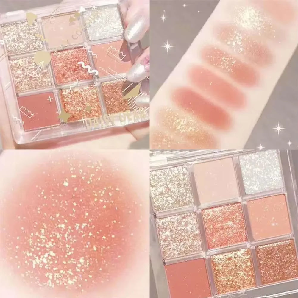 Paleta de Sombra de Ojos de 9 Colores – Maquillaje Brillante Desnudo, Acabado Nacarado, Lentejuelas, Cosméticos de Ojos Impermeables y Portátiles